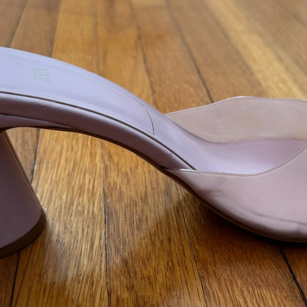 Zara Blush pink translucent front square toe block Heel sandals wedge, size 8.5